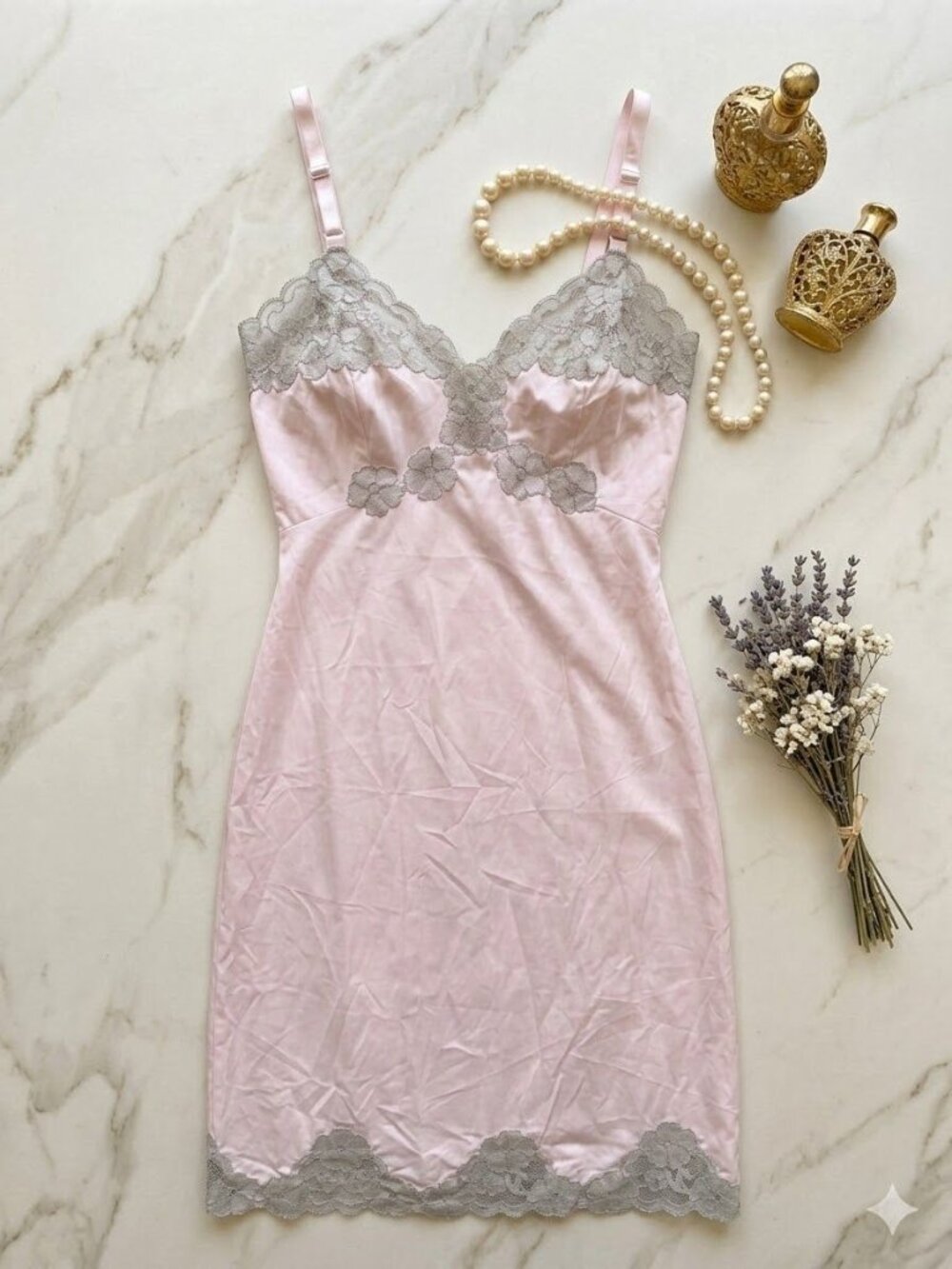 Vintage 1960s Coquette Pastel Pink Grey Floral Lace Midi Slip Dress Balletcore S